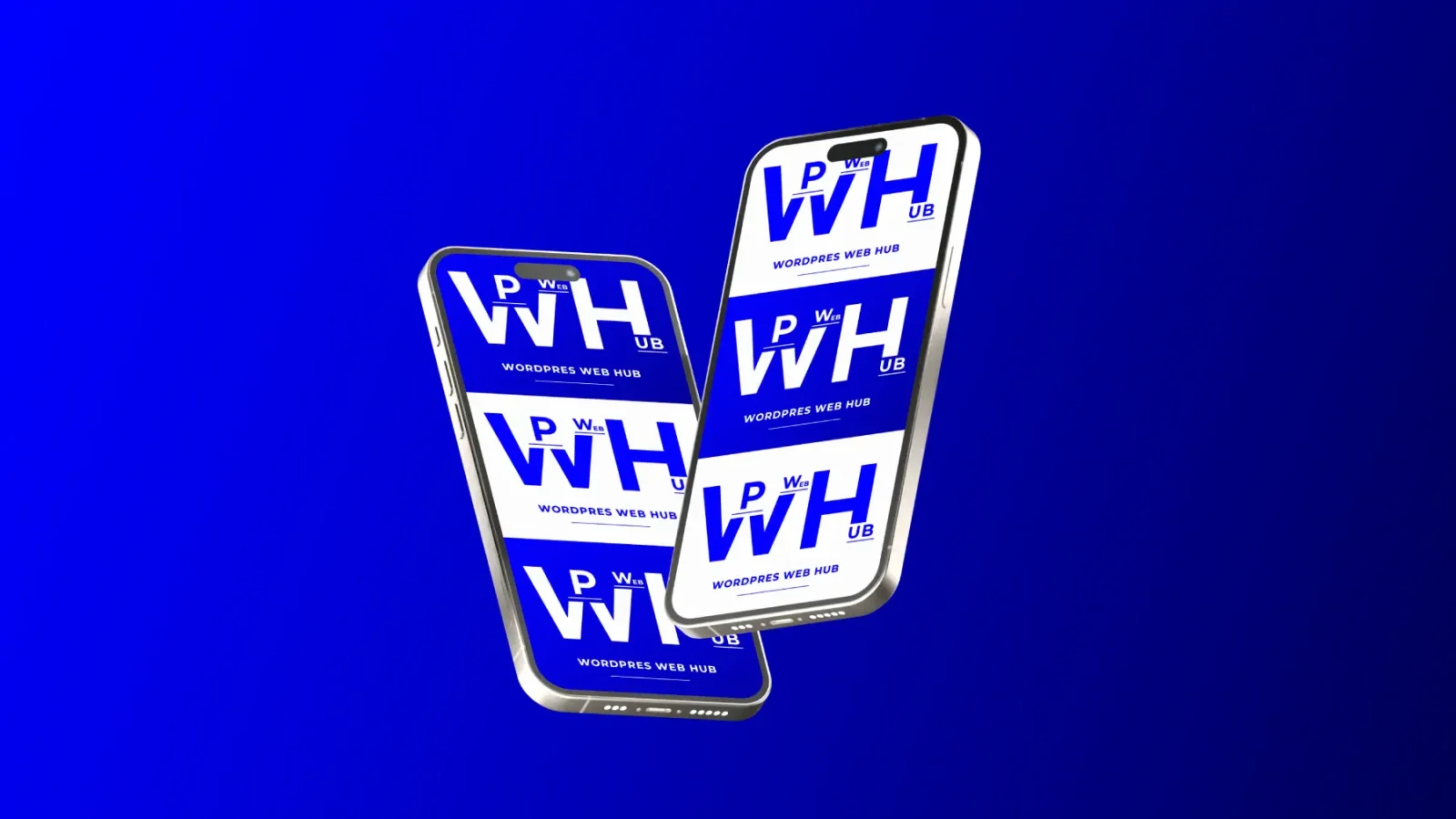 Smartphone mockup displaying Wordpres Web Hub logo on a blue background