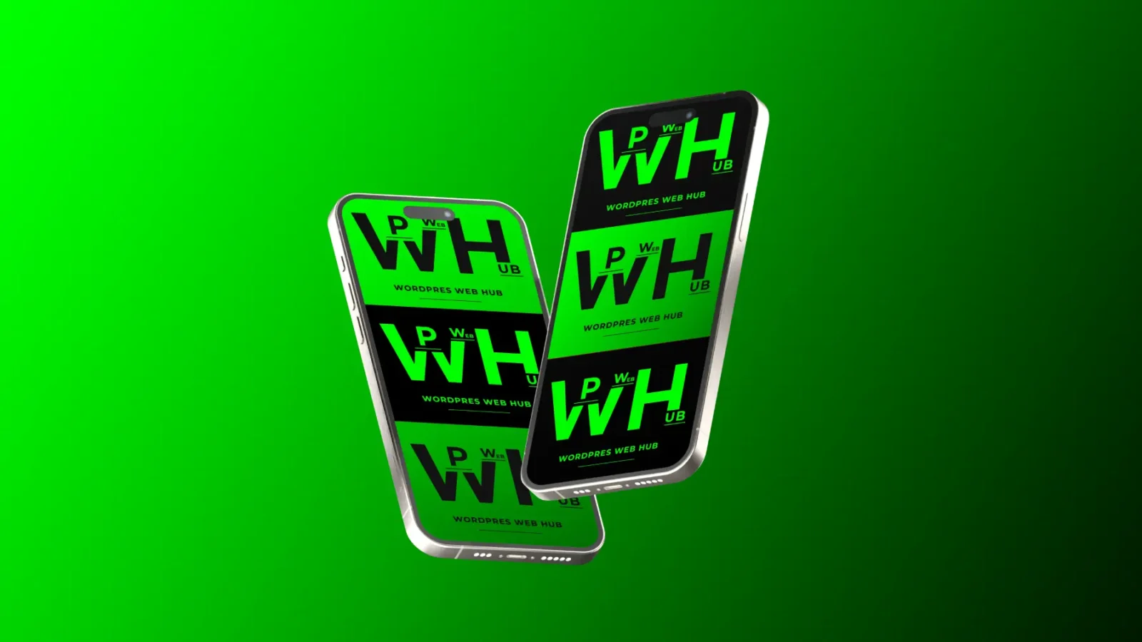 Phone mockup presentation for Wordpres Web Hub logo on green background
