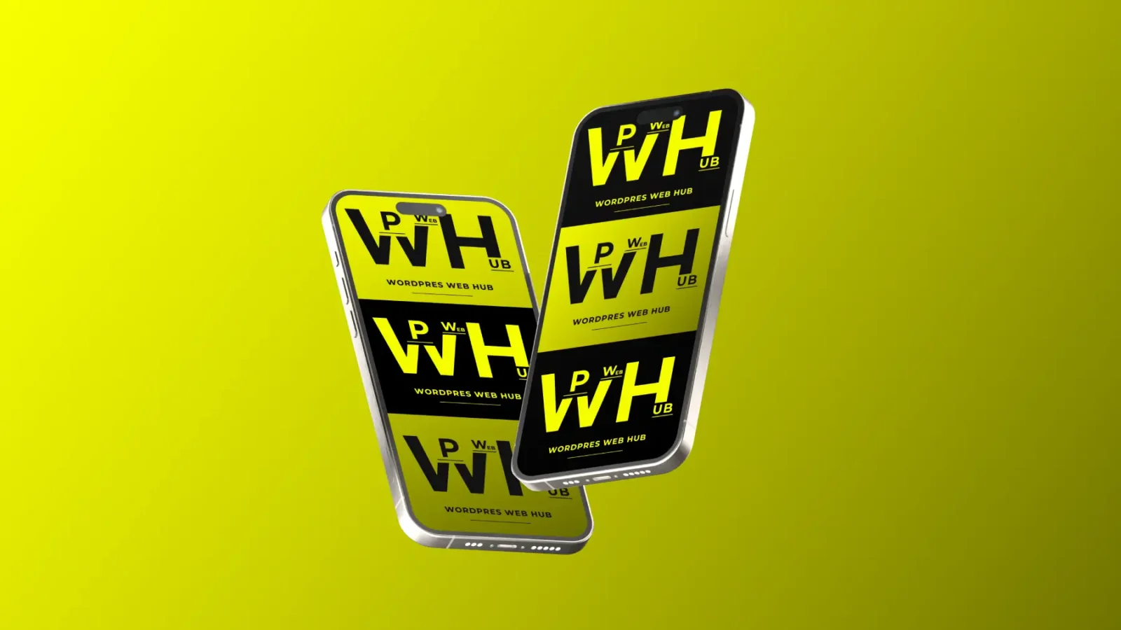 Mobile phone mockup showing WPWHub logo on vibrant yellow background