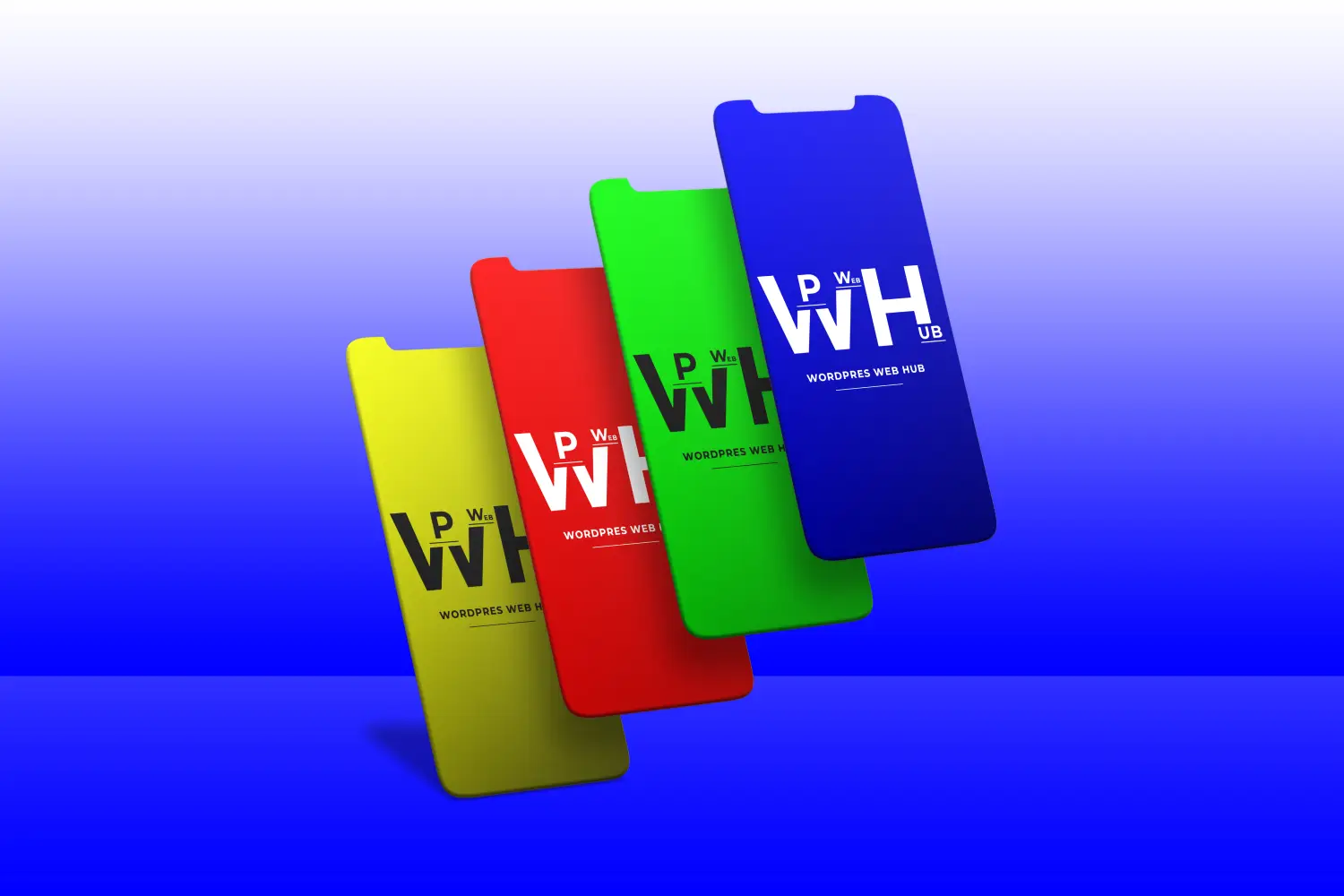 Four colorful floating smartphone screens on a blue gradient background