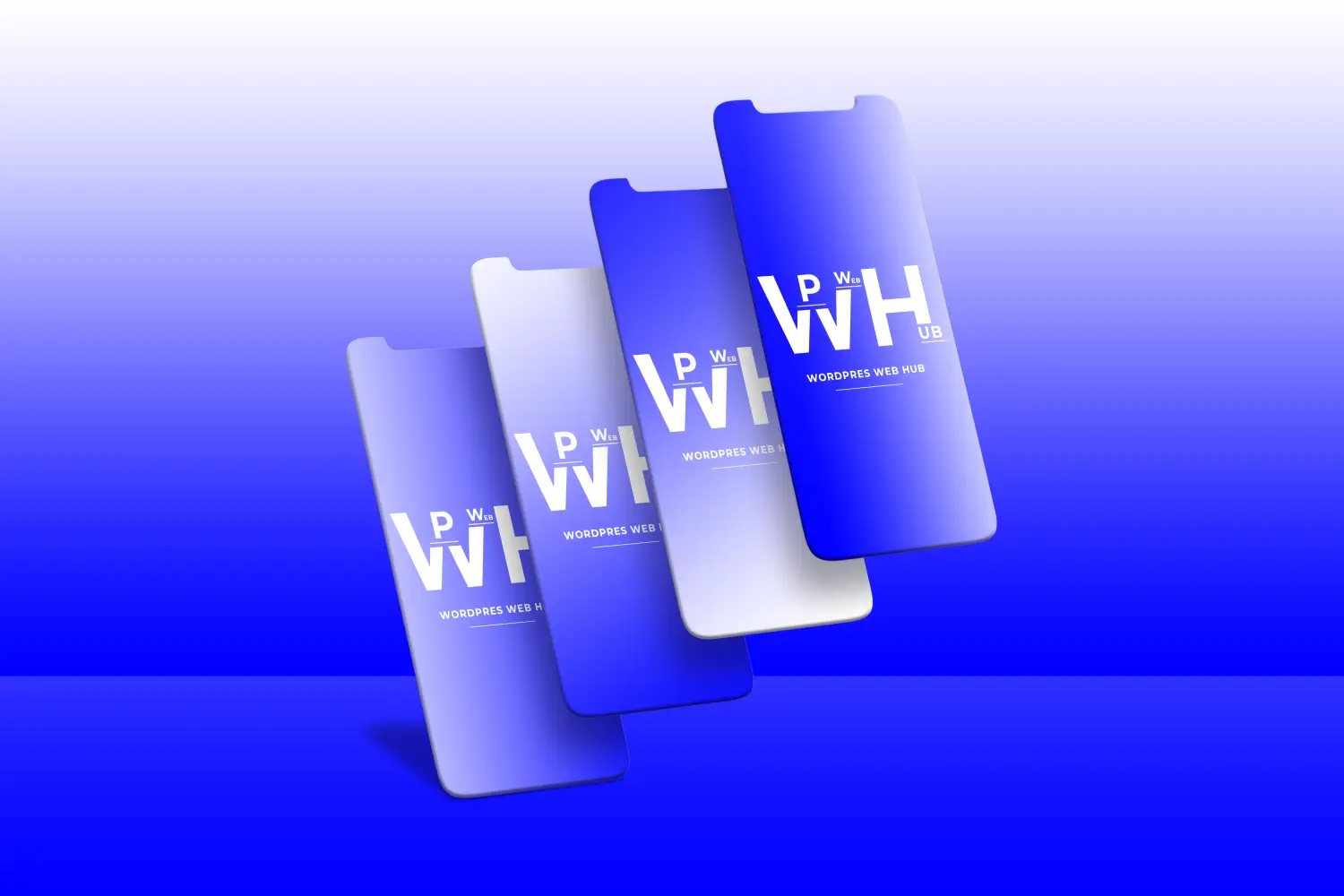 Four blue and white floating smartphone screens displaying branding