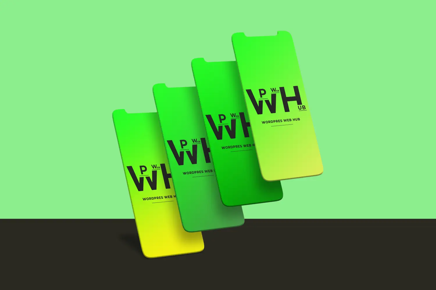 Four green floating smartphone screens displaying branding on a light green background