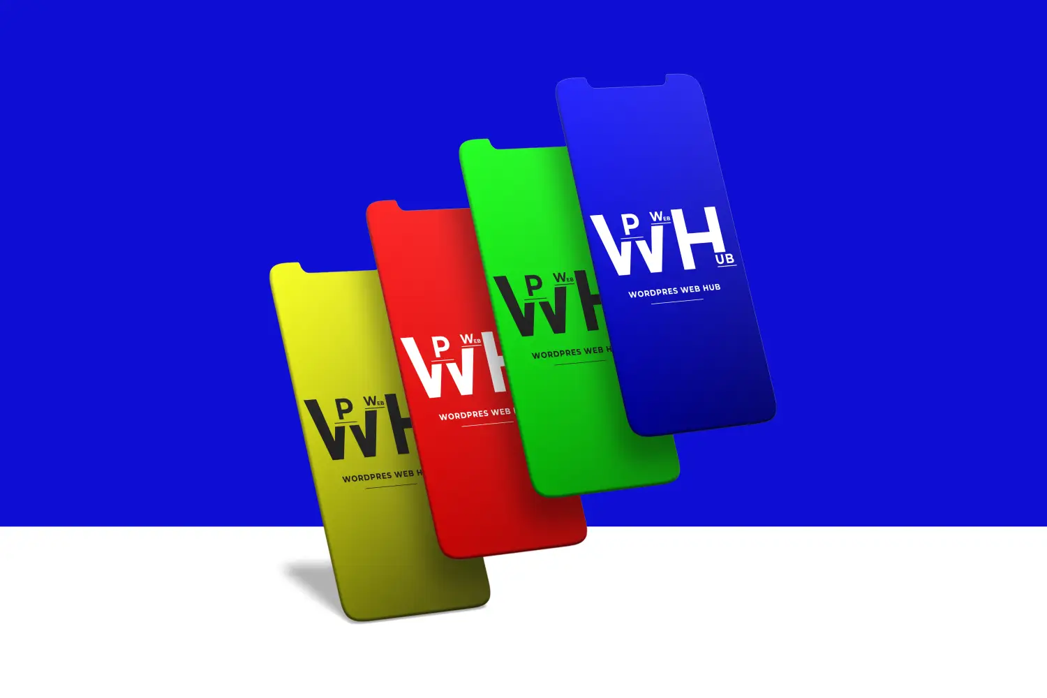 Four colorful floating smartphone screens displaying branding on a blue background