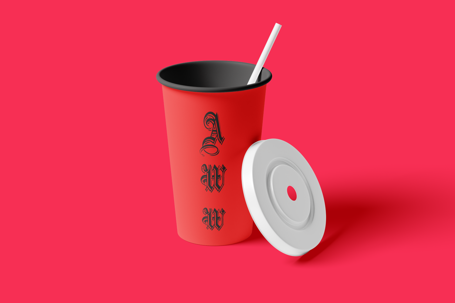Red paper drink cup with black typography and rim, white straw, and separate white lid