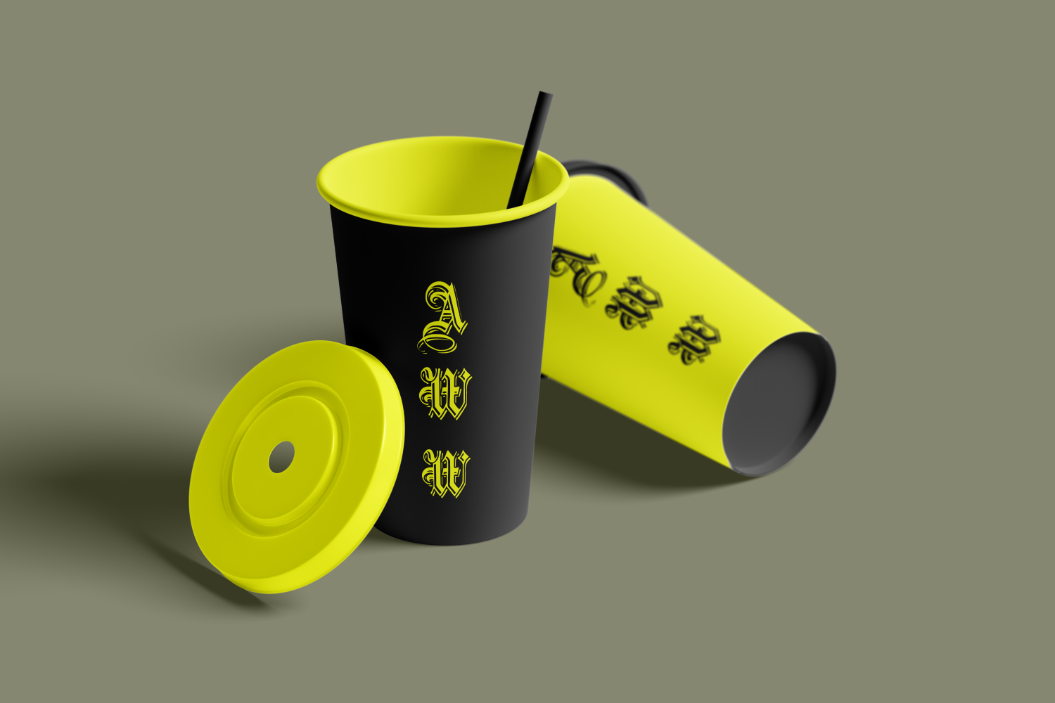Black and yellow paper drink cups with a straw and separate yellow lid on a gray background