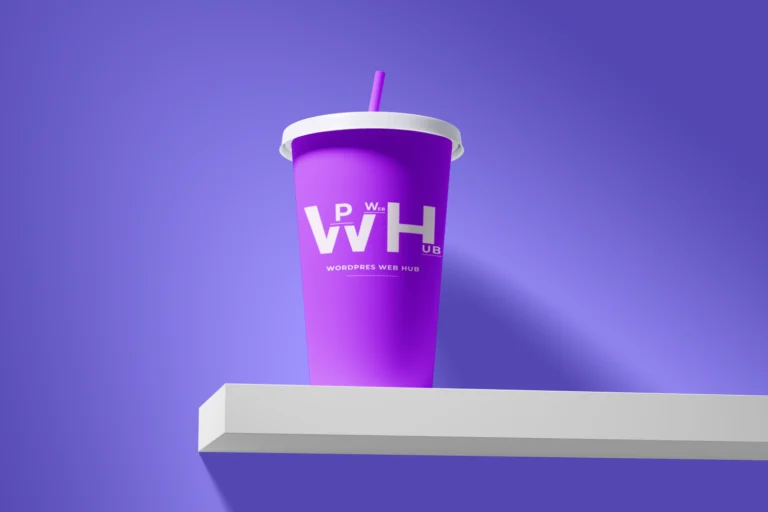 Purple paper drink cup with a white lid and purple straw displayed on a white shelf