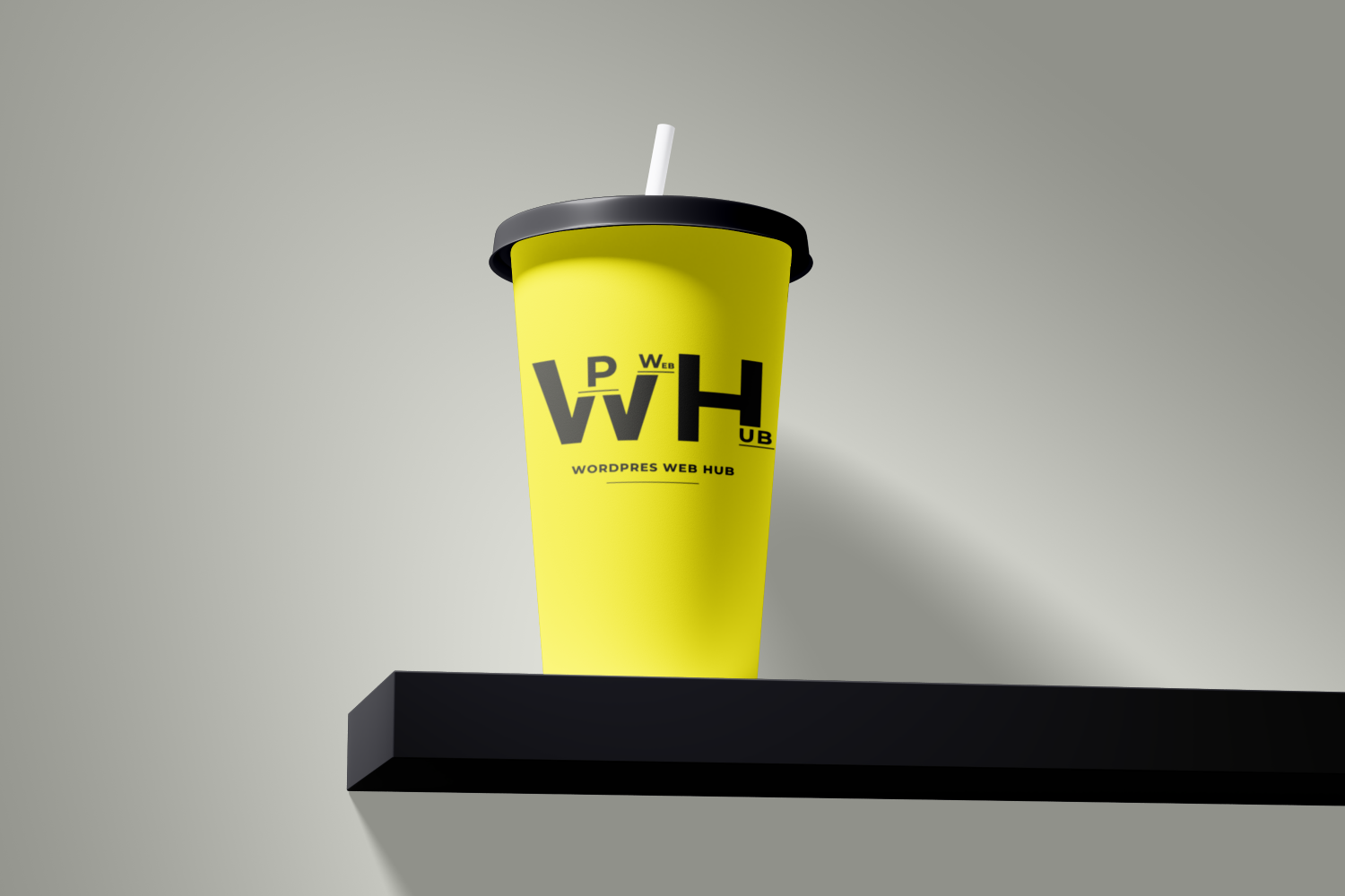 Yellow paper drink cup with a black lid and white straw displayed on a black shelf