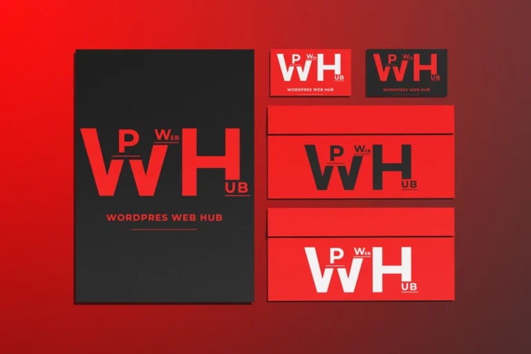 Corporate stationery set with a presentation folder, business cards, and envelopes in red and black
