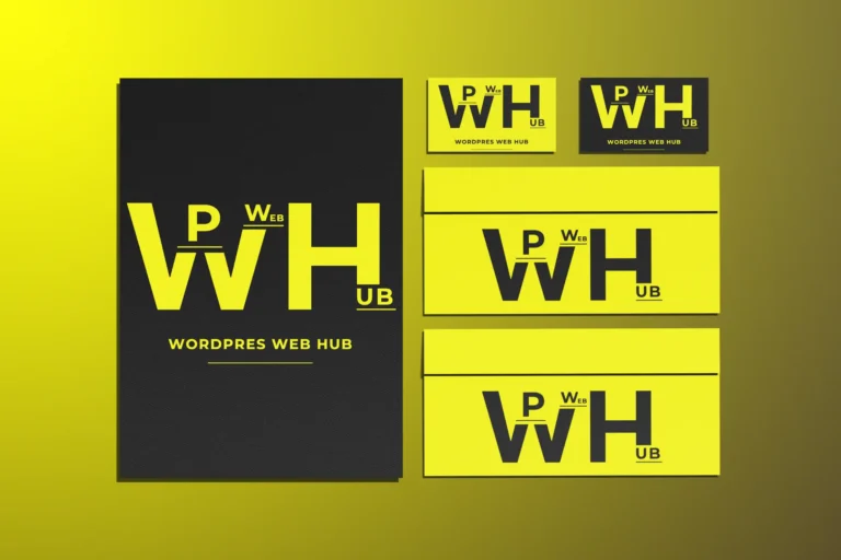 Corporate stationery set with a presentation folder, business cards, and envelopes in yellow and black