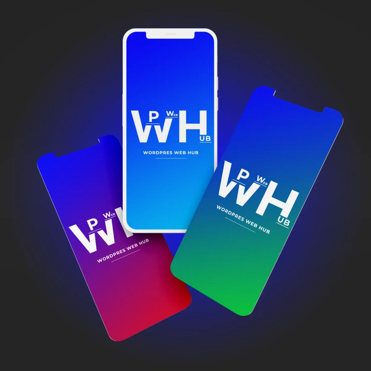 Three layered smartphone screens displaying branding with colorful gradients