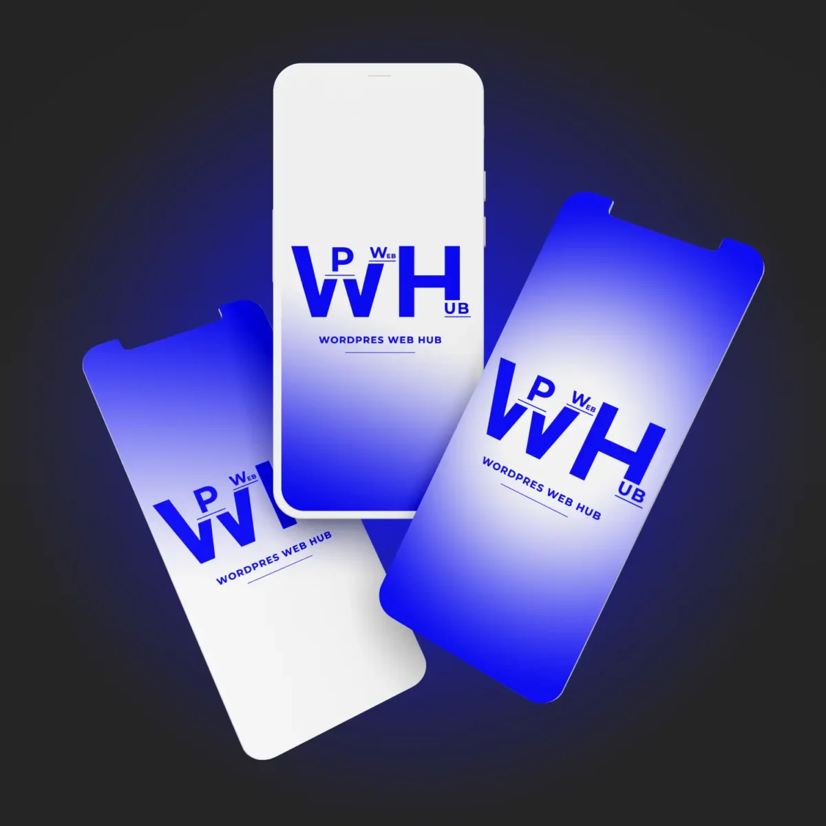 Three layered smartphone screens displaying branding in blue and white