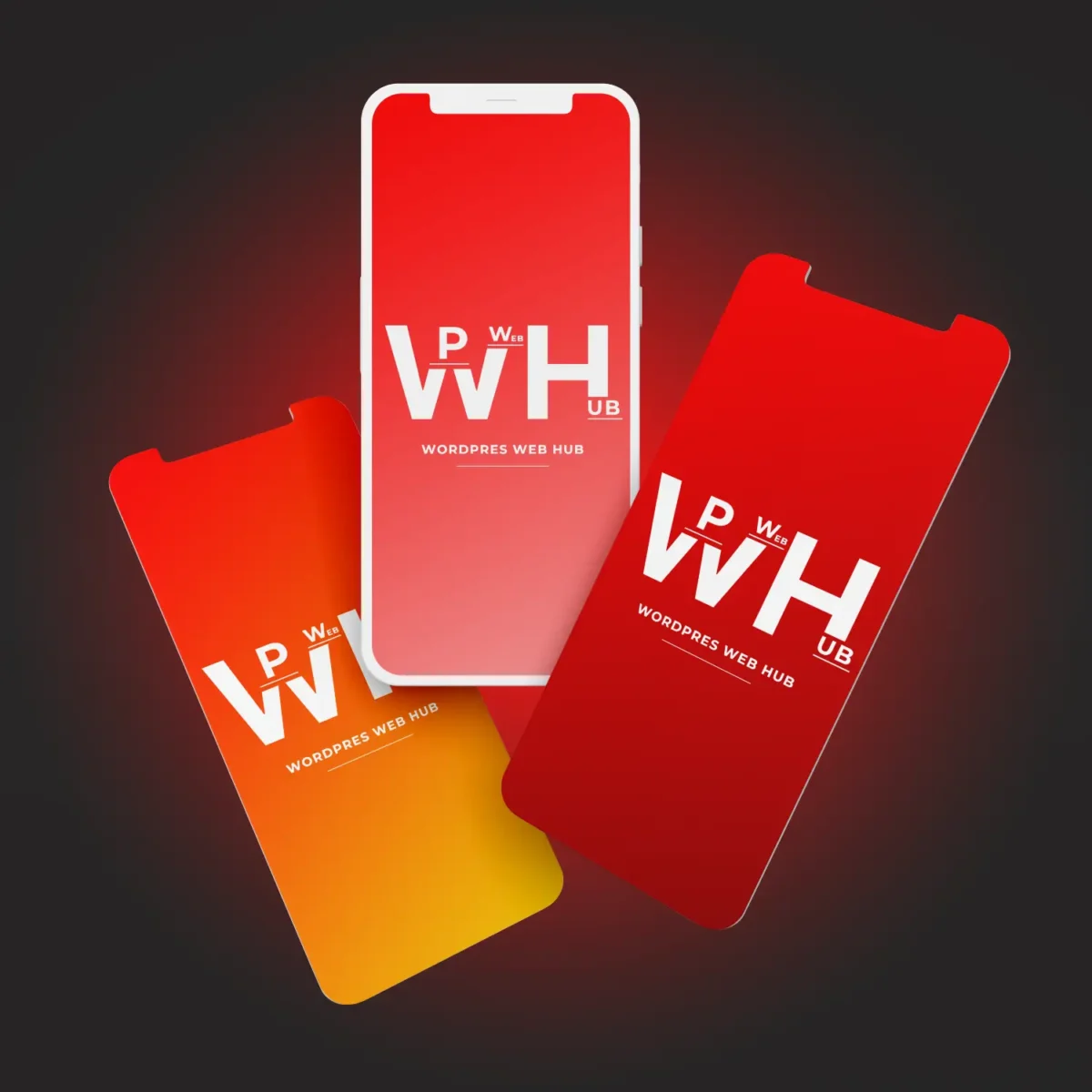 Three layered smartphone screens displaying branding with red and orange gradients