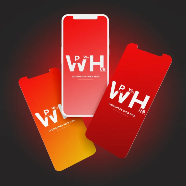 Three layered smartphone screens displaying branding with red and orange gradients
