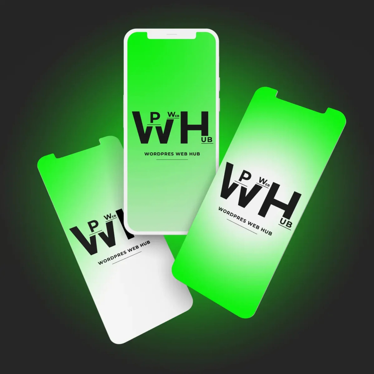 Three layered smartphone screens displaying branding with green gradients