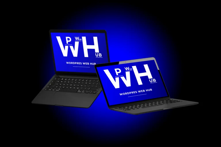 Dual laptop screen mockup with blue displays on a dark background
