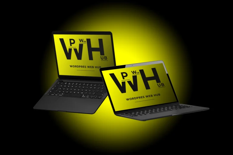 Dual laptop screen mockup with yellow displays on a dark background