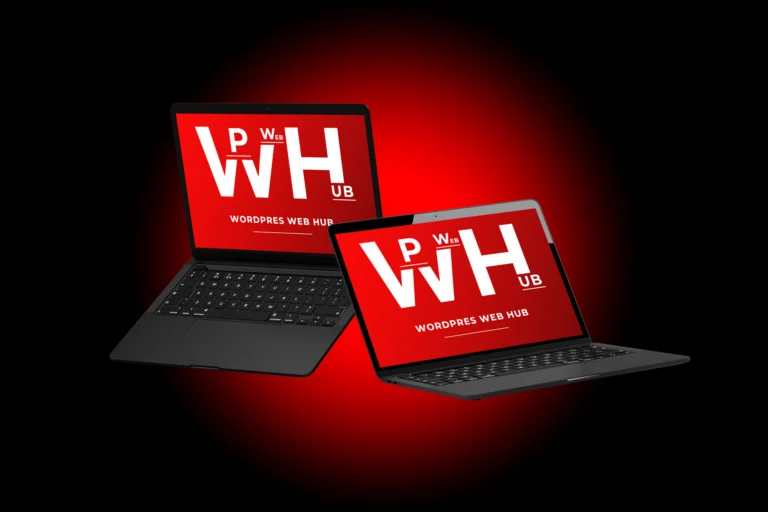 Dual laptop screen mockup with red displays on a dark background