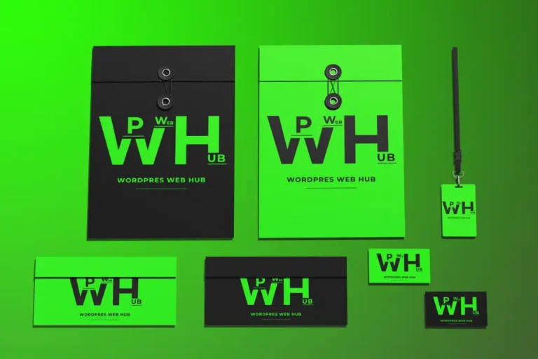 Green and black corporate identity set with document folders, envelopes, business cards, and an ID badge