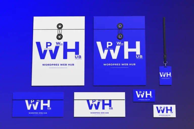 Blue and white corporate identity set with document folders, envelopes, business cards, and an ID badge