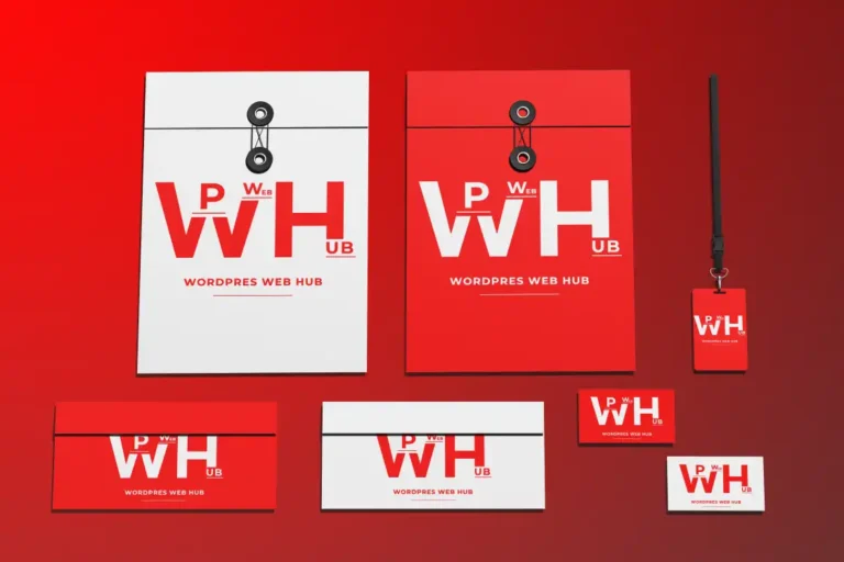 Red and white corporate identity set with document folders, envelopes, business cards, and an ID badge