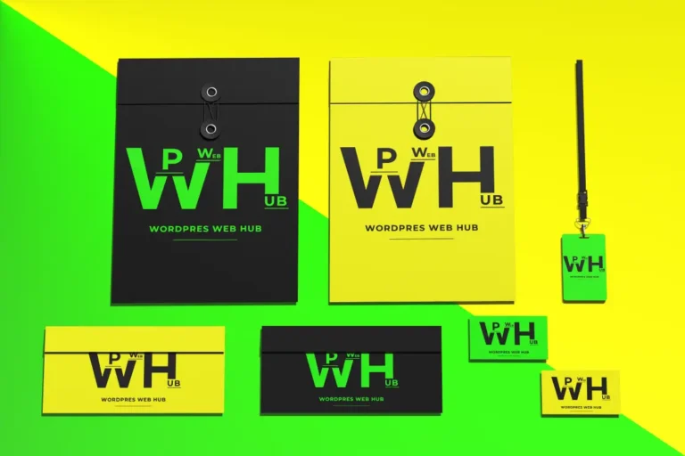 Yellow, green, and black corporate identity set with folders, envelopes, business cards, and an ID badge