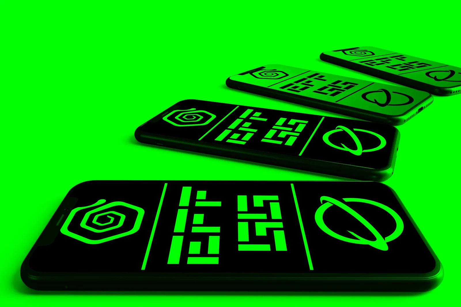 Four black smartphones with neon green screen designs on a bright green background