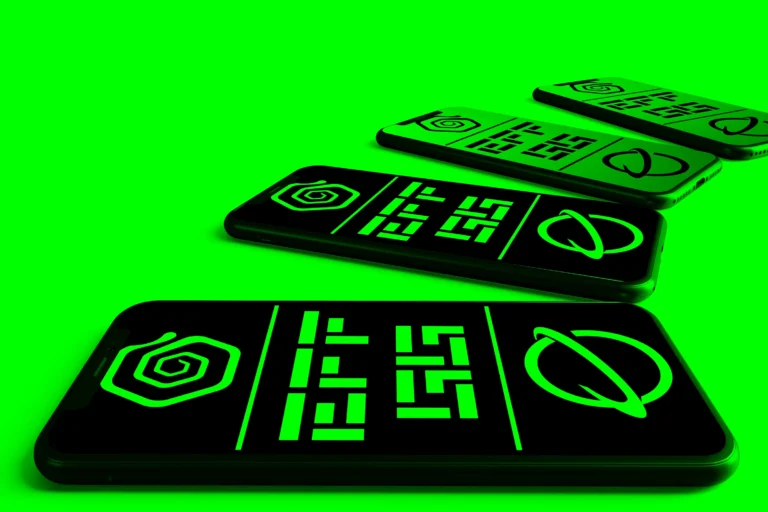 Four black smartphones with neon green screen designs on a bright green background