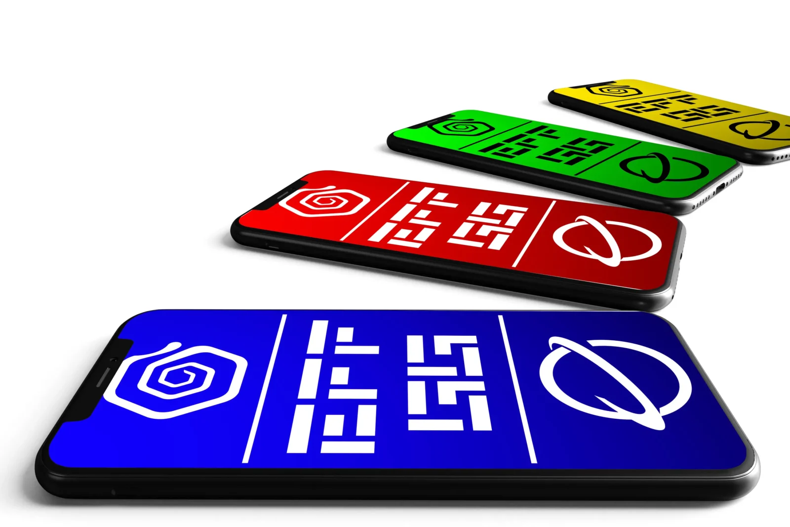 Four horizontal smartphones displaying blue, red, green, and yellow screen designs