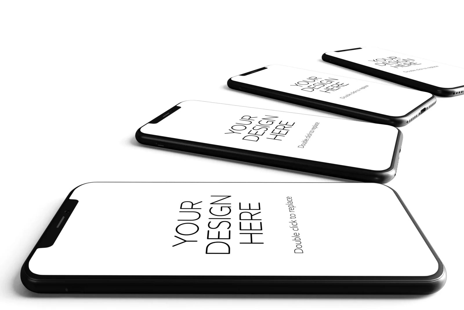 Four smartphones arranged horizontally with blank white screens on a white background
