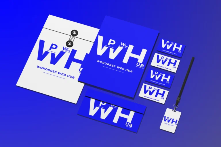 Blue and white flat lay branding set with folders, business cards, an envelope, and an ID badge