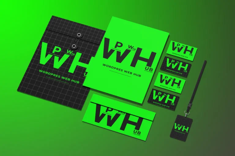 Neon green and black flat lay branding set with folders, business cards, an envelope, and an ID badge