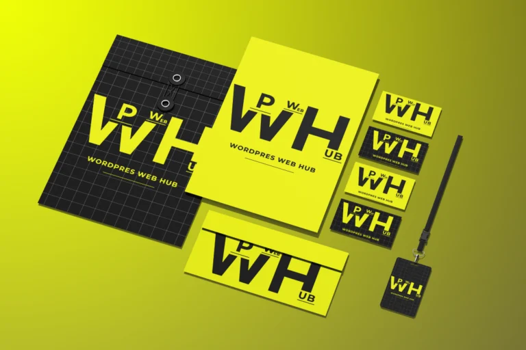 Yellow and black flat lay branding set with folders, business cards, an envelope, and an ID badge