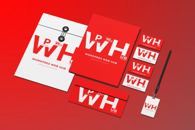 Red and white flat lay branding set with folders, business cards, an envelope, and an ID badge