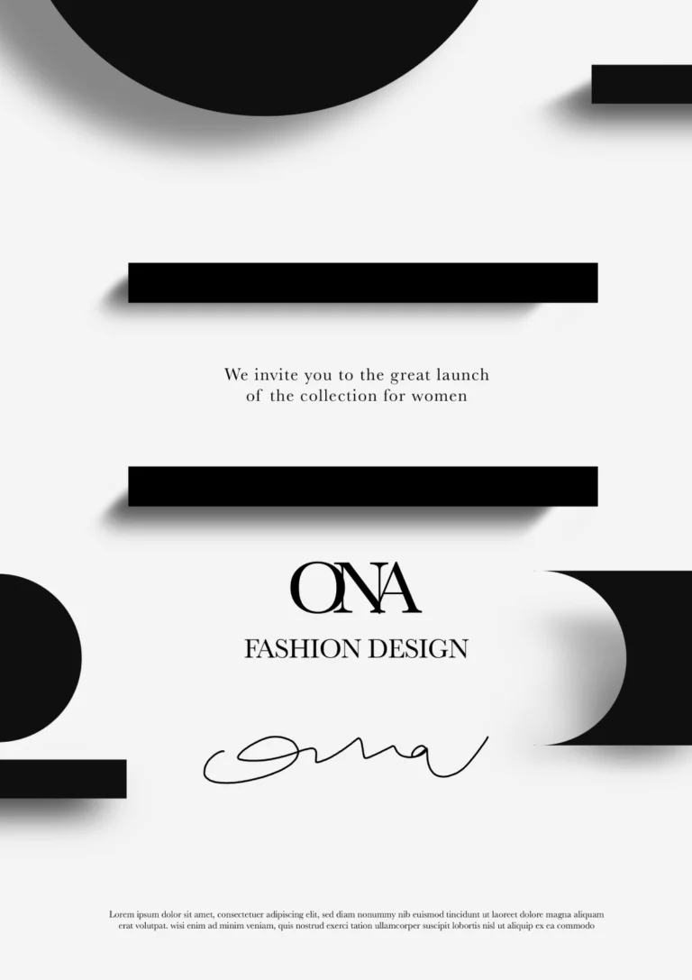 Minimal black-and-white fashion launch poster mockup with geometric shapes