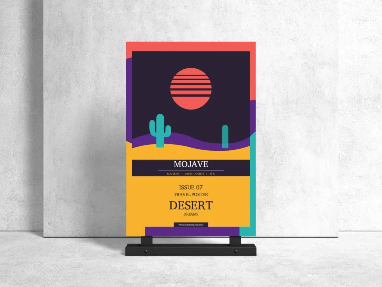 24x36 advertising stand mockup displaying a colorful desert travel poster