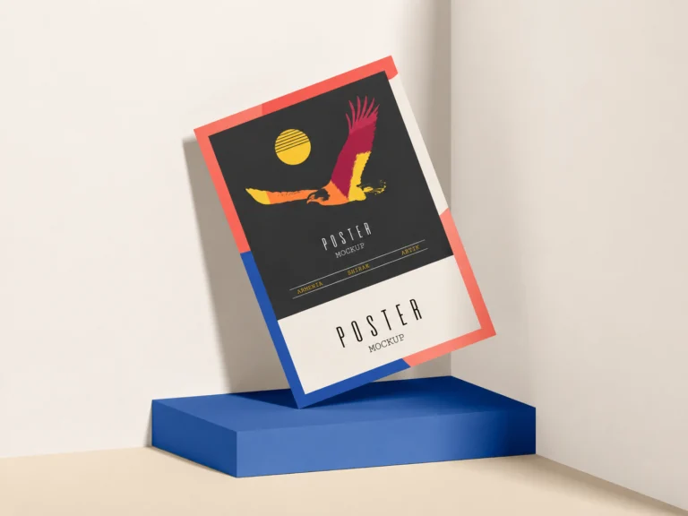 Colorful A3 paper poster mockup displayed on a geometric pedestal