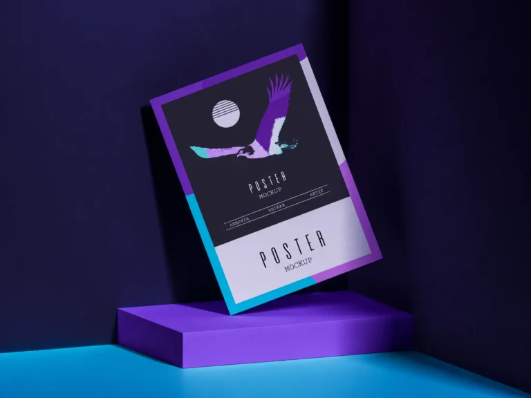 Colorful A3 paper poster mockup displayed on a geometric pedestal