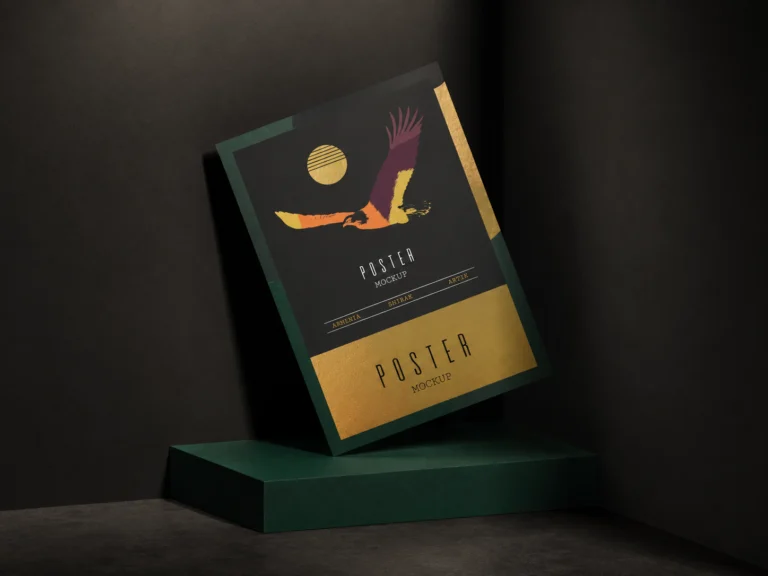Colorful A3 paper poster mockup displayed on a geometric pedestal