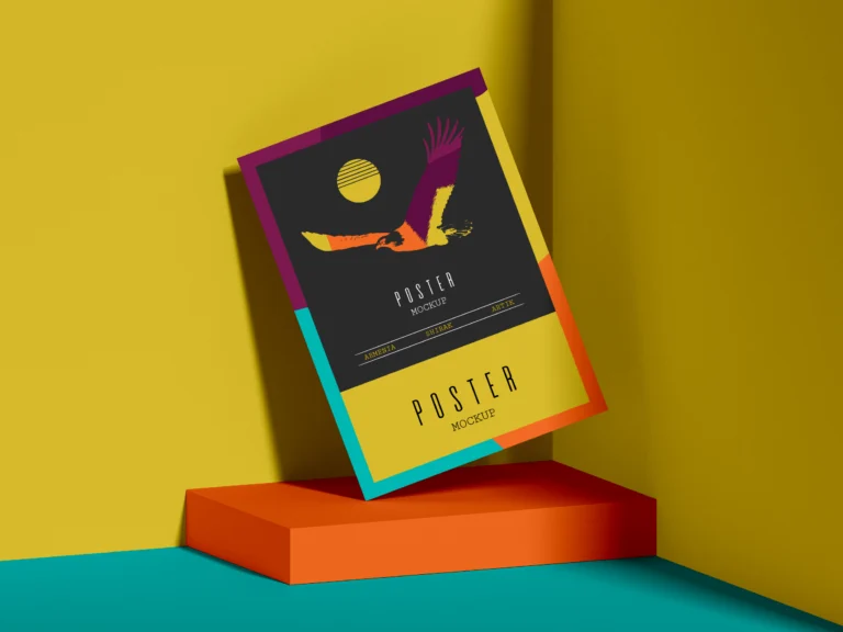 Colorful A3 paper poster mockup displayed on a geometric pedestal