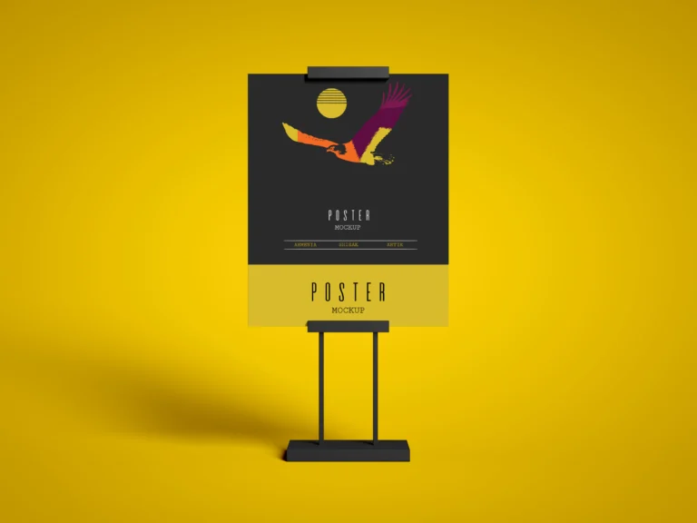 Advertising stand board mockup displaying a dark poster on a yellow background