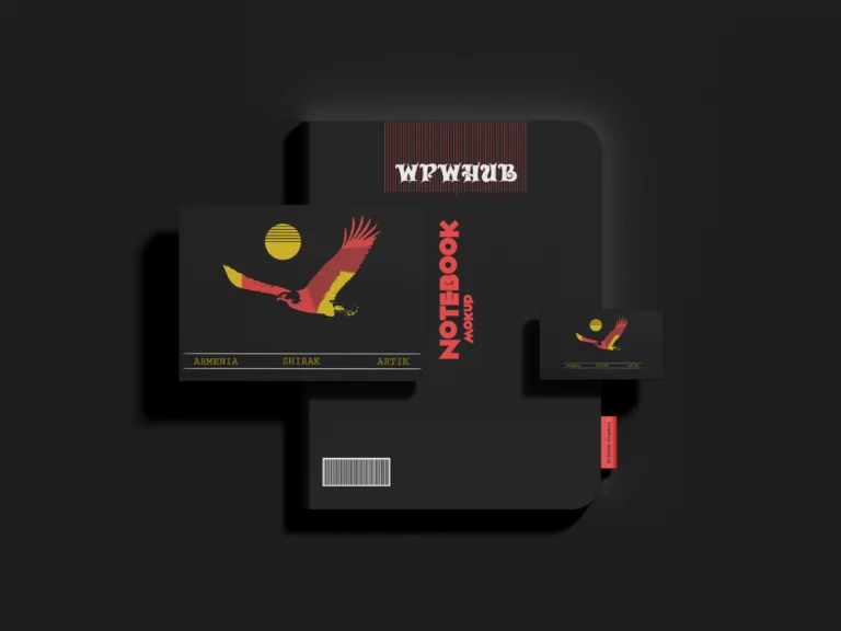 Dark brand identity stationery mockup featuring a branded notebook, cards, and pencil