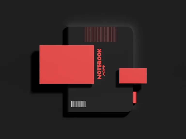 Blank brand identity stationery mockup with black notebook, coral cards, and matching pencil