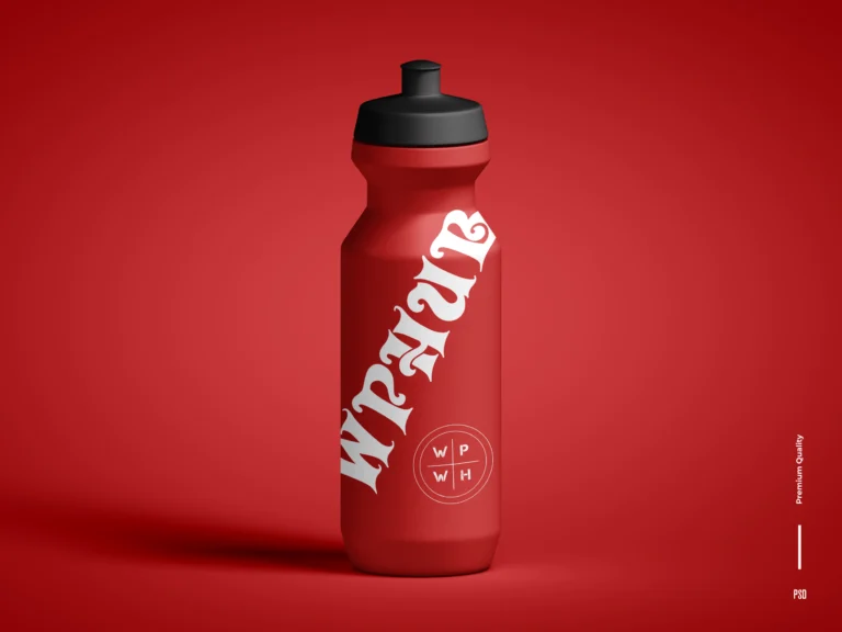- Red cycling sports bottle with a black push-pull cap and white typography on a red background