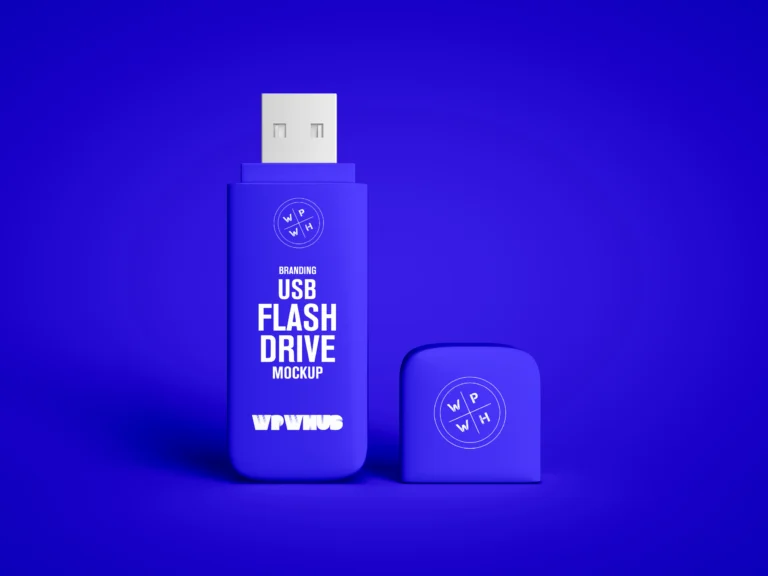 Blue branded USB flash drive mockup with removable cap