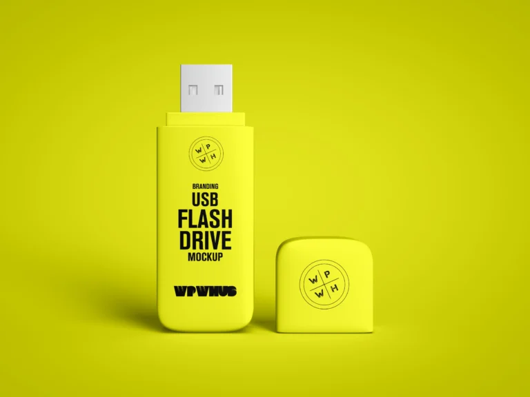 Yellow branded USB flash drive mockup with removable cap