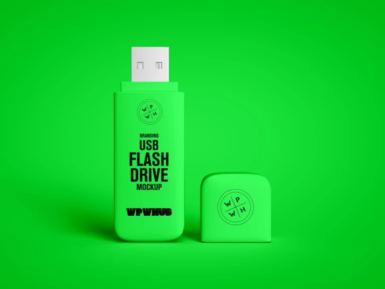 Green branded USB flash drive mockup with removable cap
