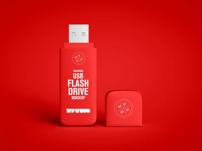 Red branded USB flash drive mockup with removable cap