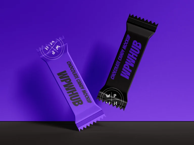 Purple and black floating chocolate candy sachet mockup