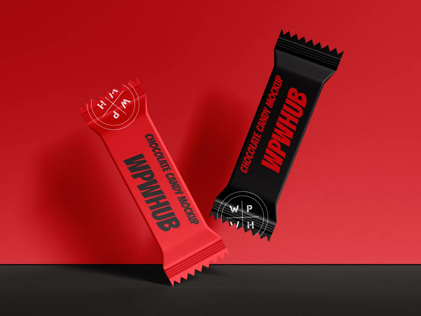 Red and black floating chocolate candy sachet mockup