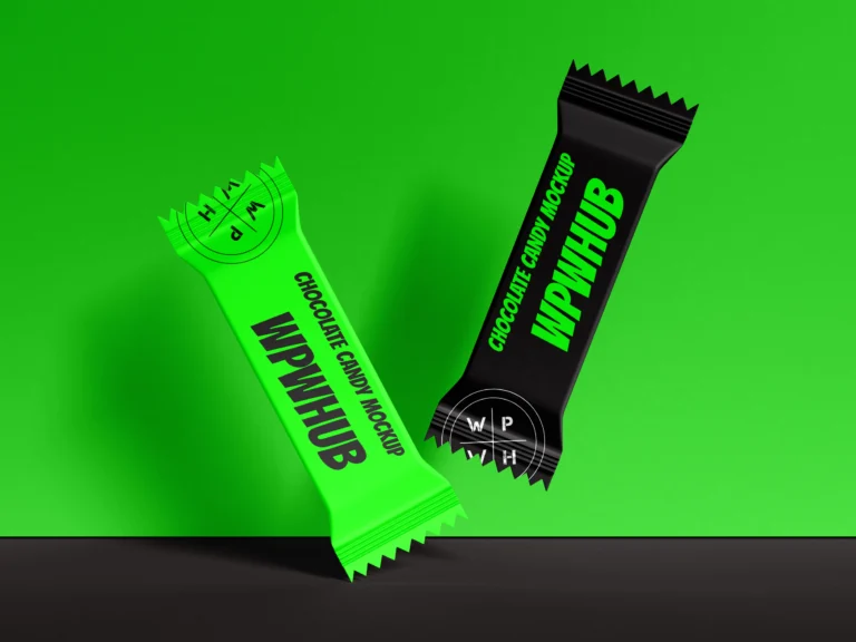 Green and black floating chocolate candy sachet mockup